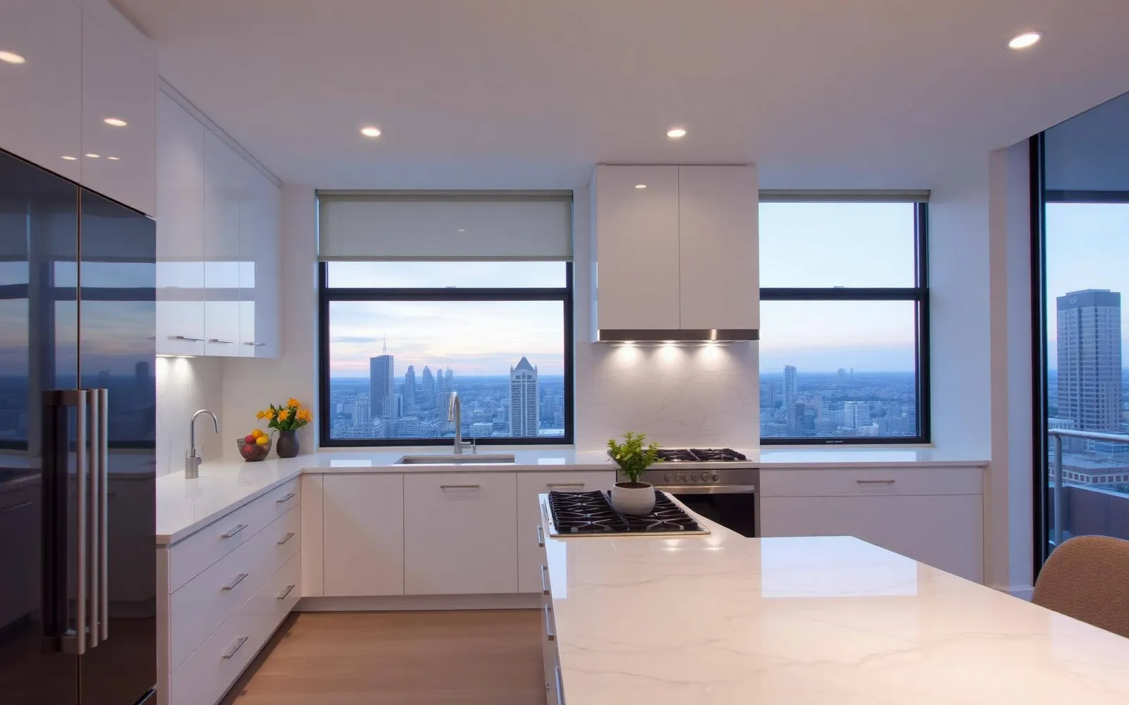 Luxury kitchen renovation with marble counters and city views