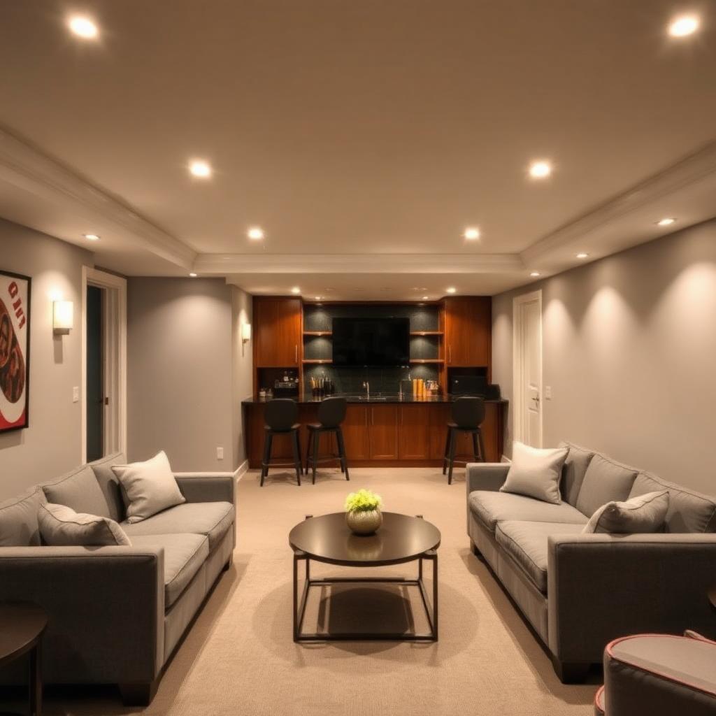 Finished NYC basement renovation with lounge seating, wet bar, and recessed lighting